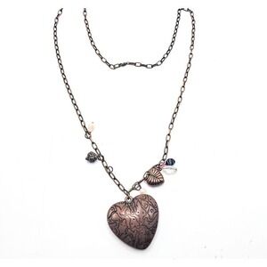 Puffy Heart Pendant Necklace Bronze Tone Charm Beads Bohemian Fashion Jewelry
